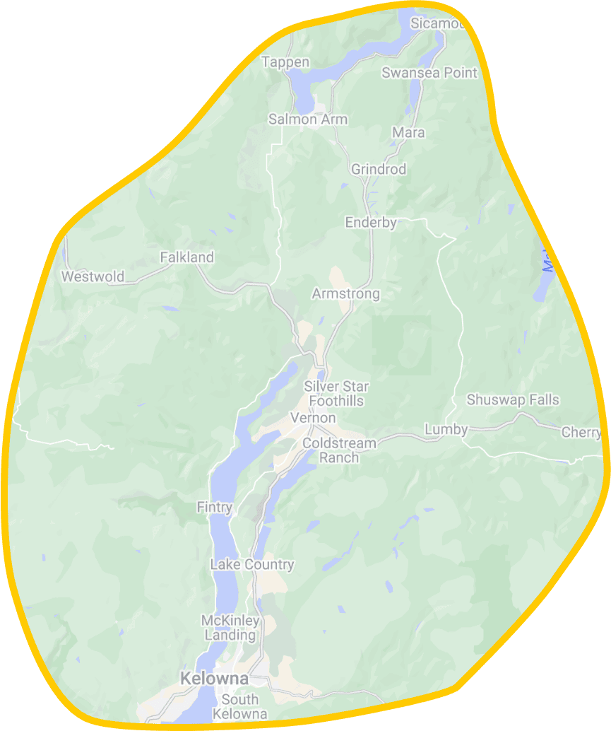 Bee's Knees service area map covering Vernon, BC, and the Greater Vernon area.